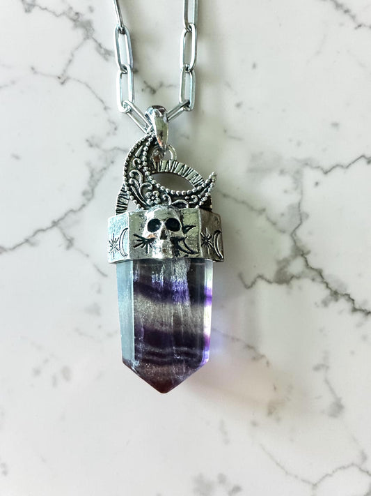 Midnight Veil - Purple Crystal Point Skull Necklace