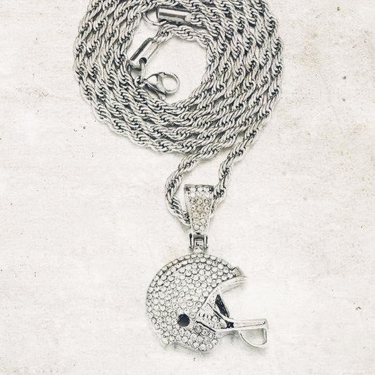 Silver Football Helmet Pendant Rope Chain