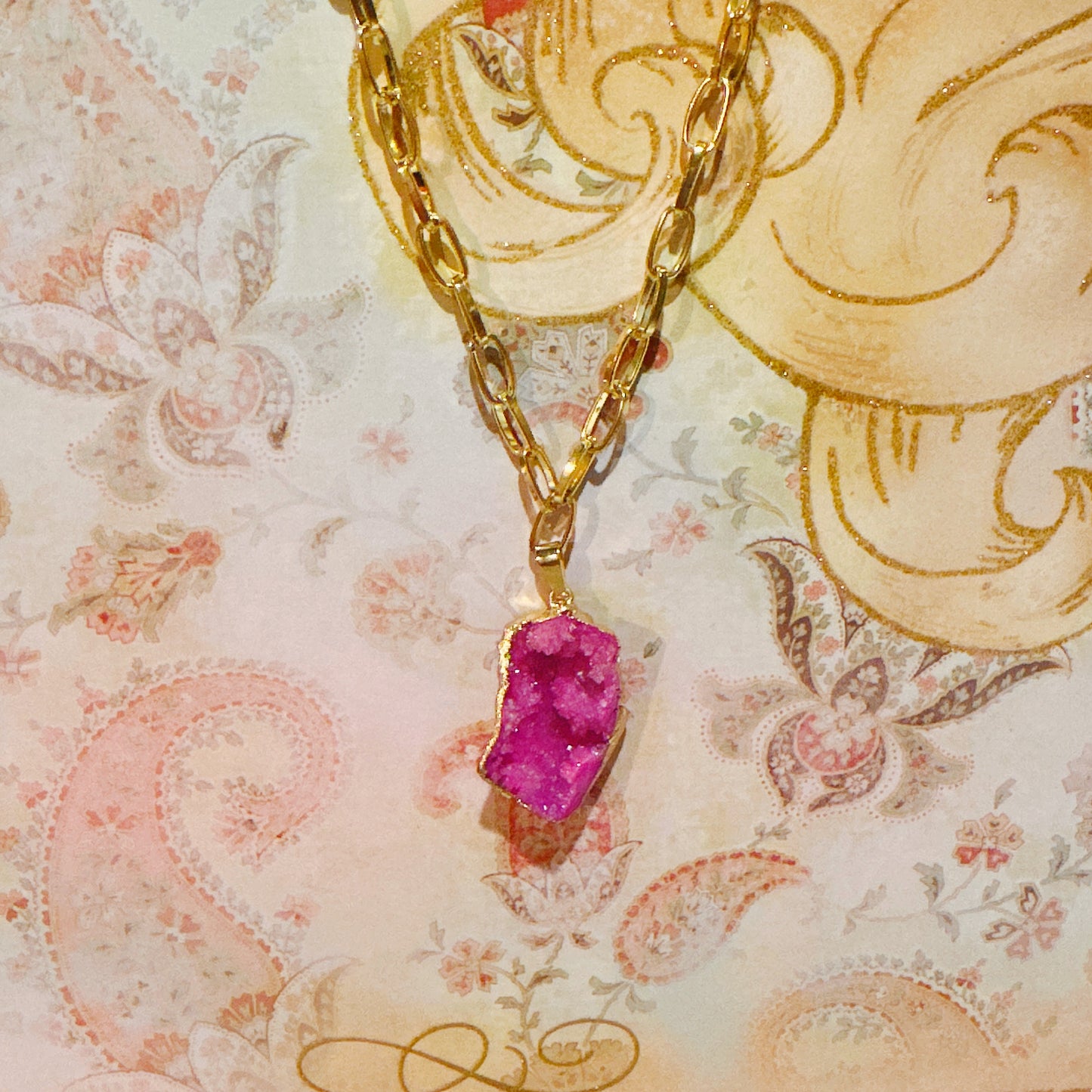 Magenta Dyed Quartz Geode Pendant Necklace