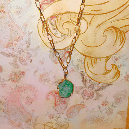 Blue-Green Dyed Quartz Geode Pendant Necklace