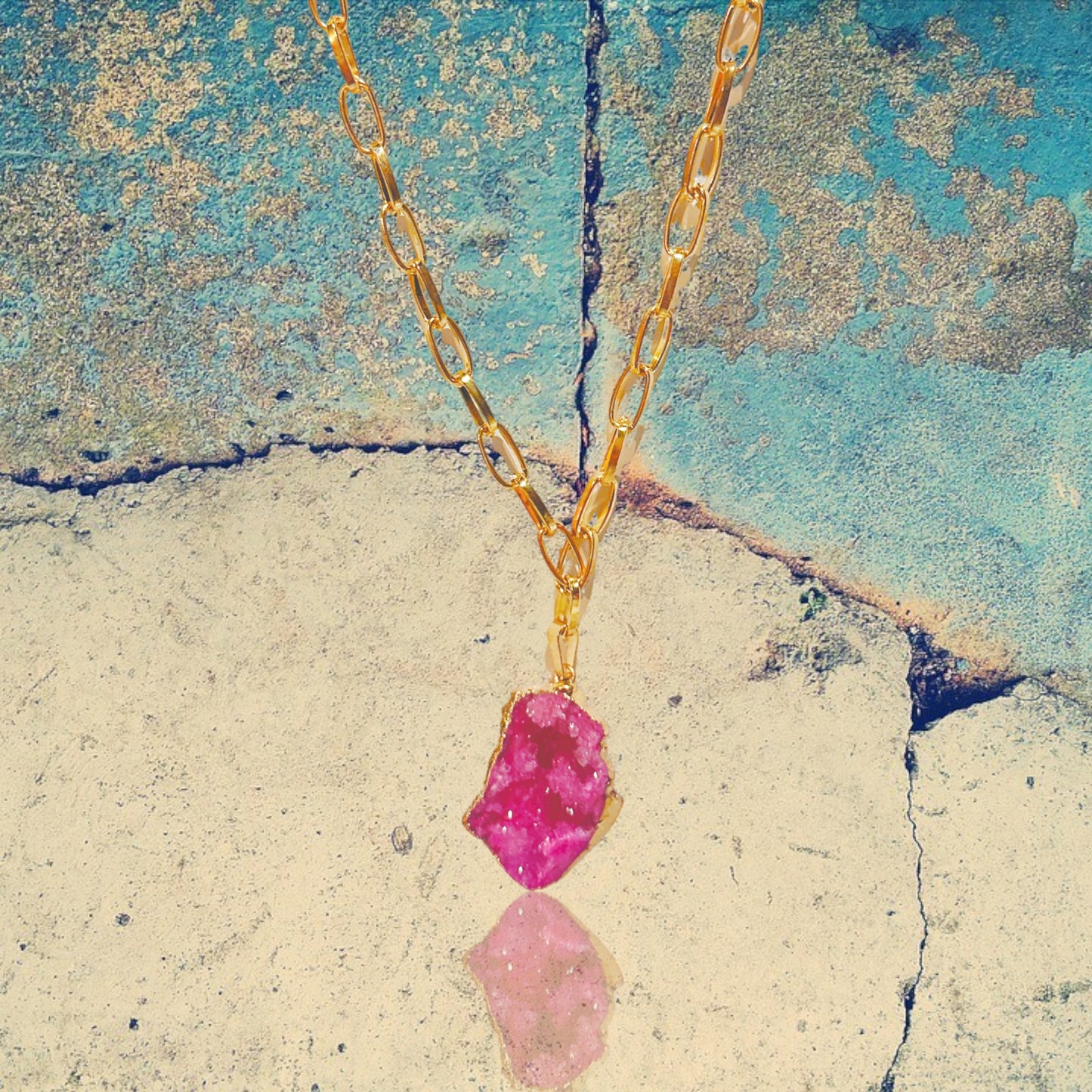 Magenta Dyed Quartz Geode Pendant Necklace