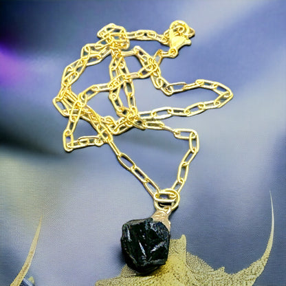 Mini Black Tourmaline Raw Gemstone Pendant Necklace